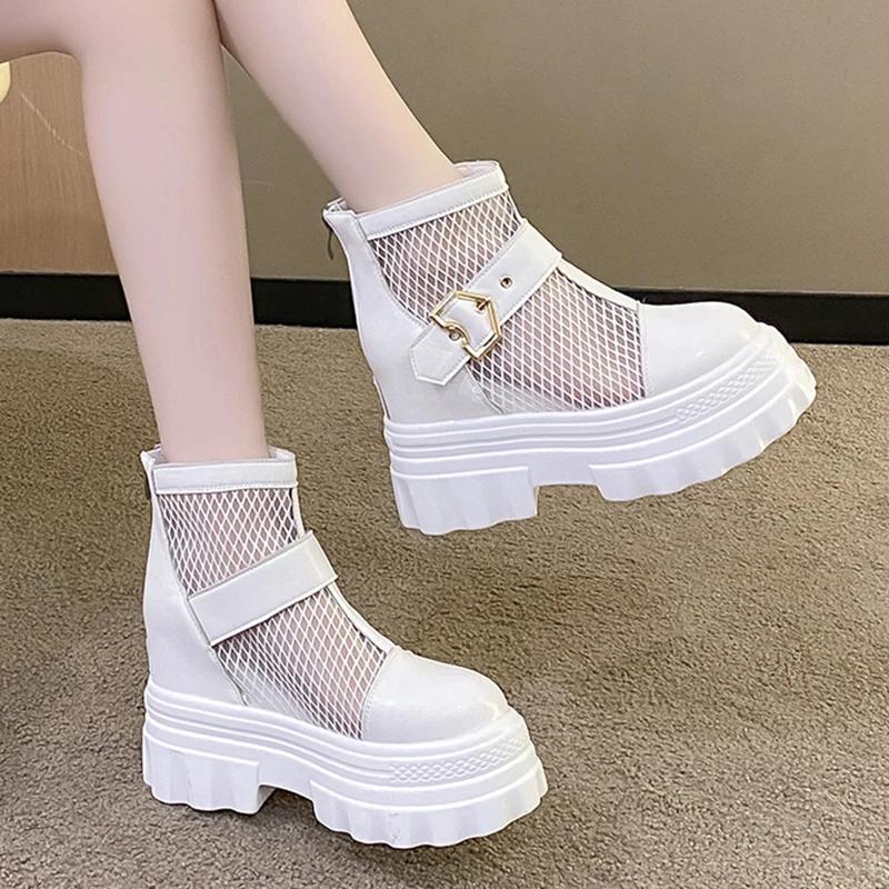 Fashion Mesh Breathable Summer Ankle Boots for Women Hollow Out Thick Bottom Cool Boots Woman Chunky Platform Punk Motorcycle Booties