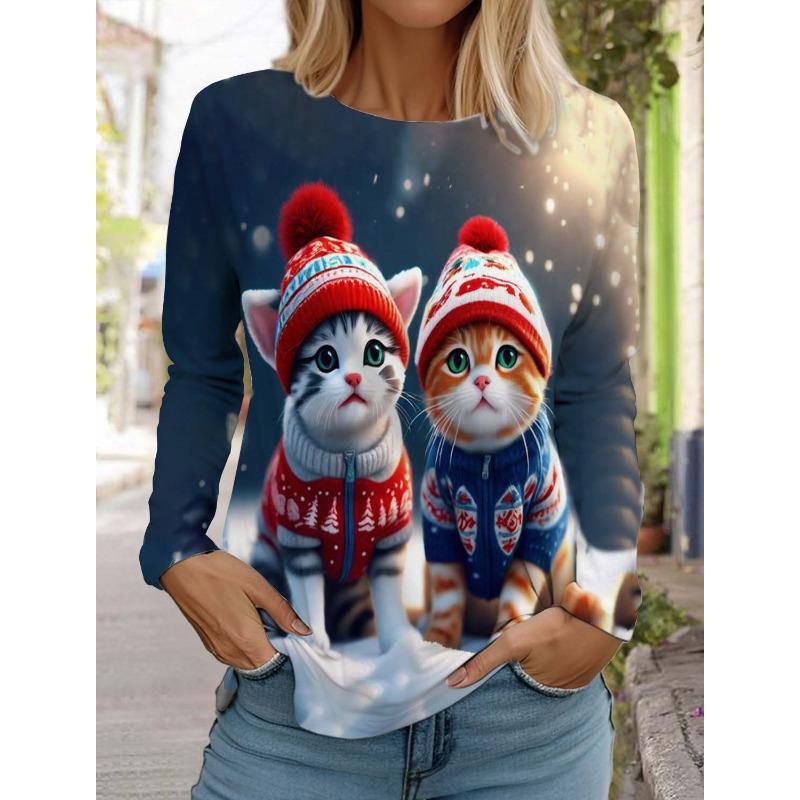Модная рождественская женская футболка с длинным рукавом Повседневная рождественская Милая кошка и собака Праздничные подарки Топы Harajuku Animal Женская одежда