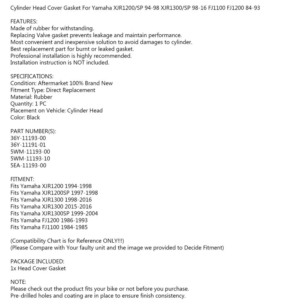 Valve Cover Gasket for Yamaha XJR1200 XJR1300 FJ1100 FJ1200 36Y-11193-00-00