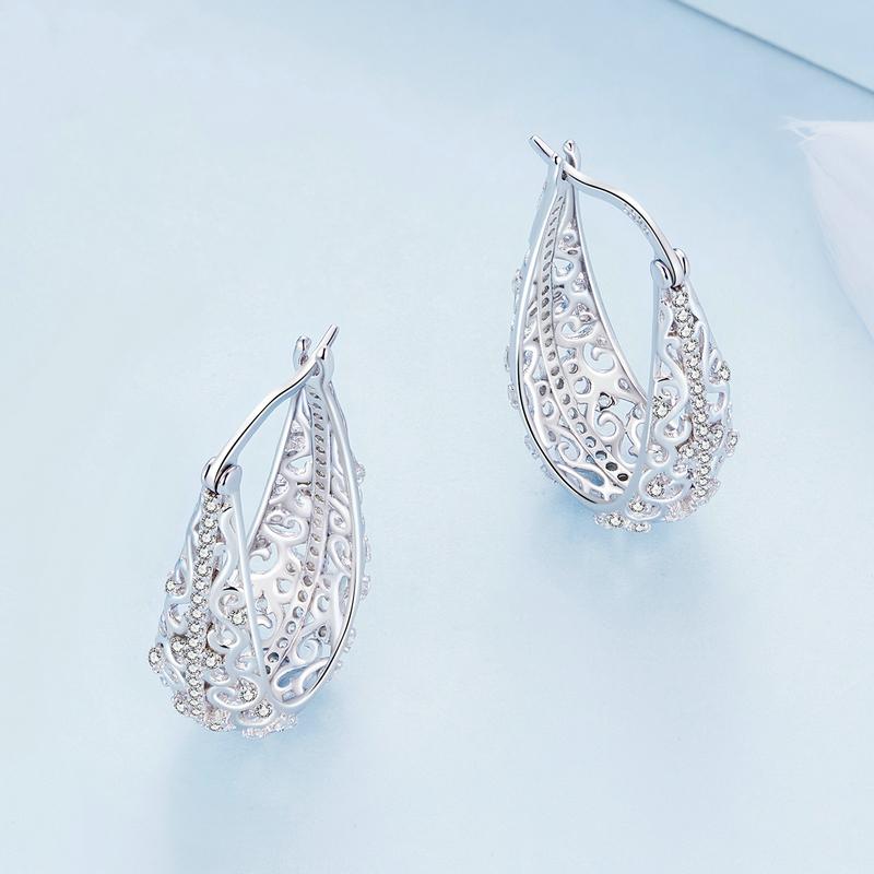 BAMOER 925 Sterling Silver Decorative Vine Hollow Pattern Hoop Earrings Waterdrop Shape Ear Buckles for Women Luxury Jewelry