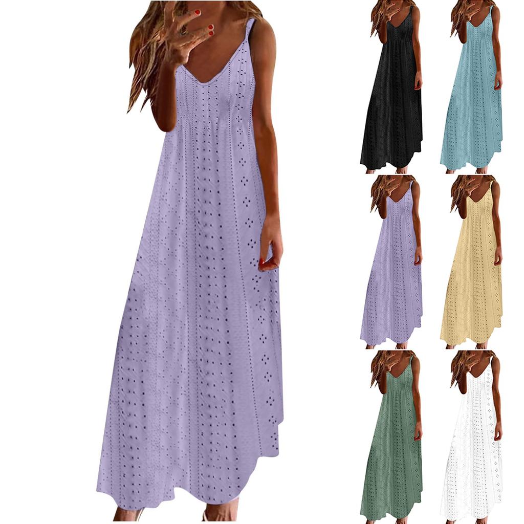 Women's Hollowed Out Vacation Long Dress Color Sleeveless Suspender V-neck Dress