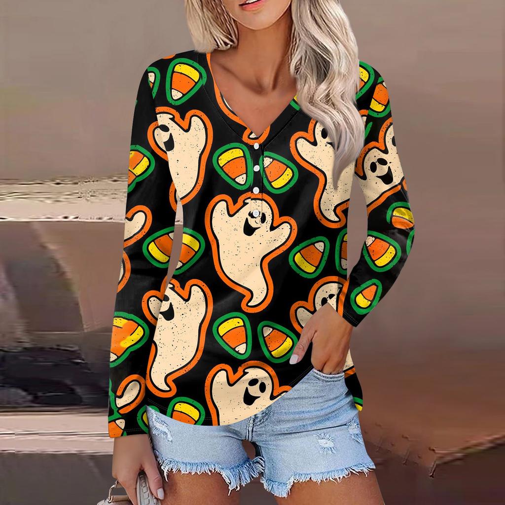 Women's Casual Fashion Sexy Comfort Halloween Printed V-Neck Button Long Sleeve