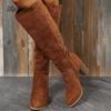 Retro Knee High Suede Riding Boots Women  Winter Side Zipper High Heels Western Cowboy Boots Warm Plush Leather Shoes Size35