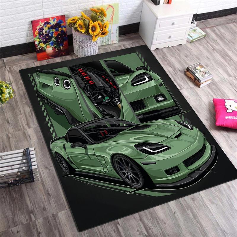 Green American Sport Car Engine Detail Comic Print Area Rug Non‑Slip Rectangular Floor Mat Race Auto Fan Decor for Gaming Bedroom Living Room