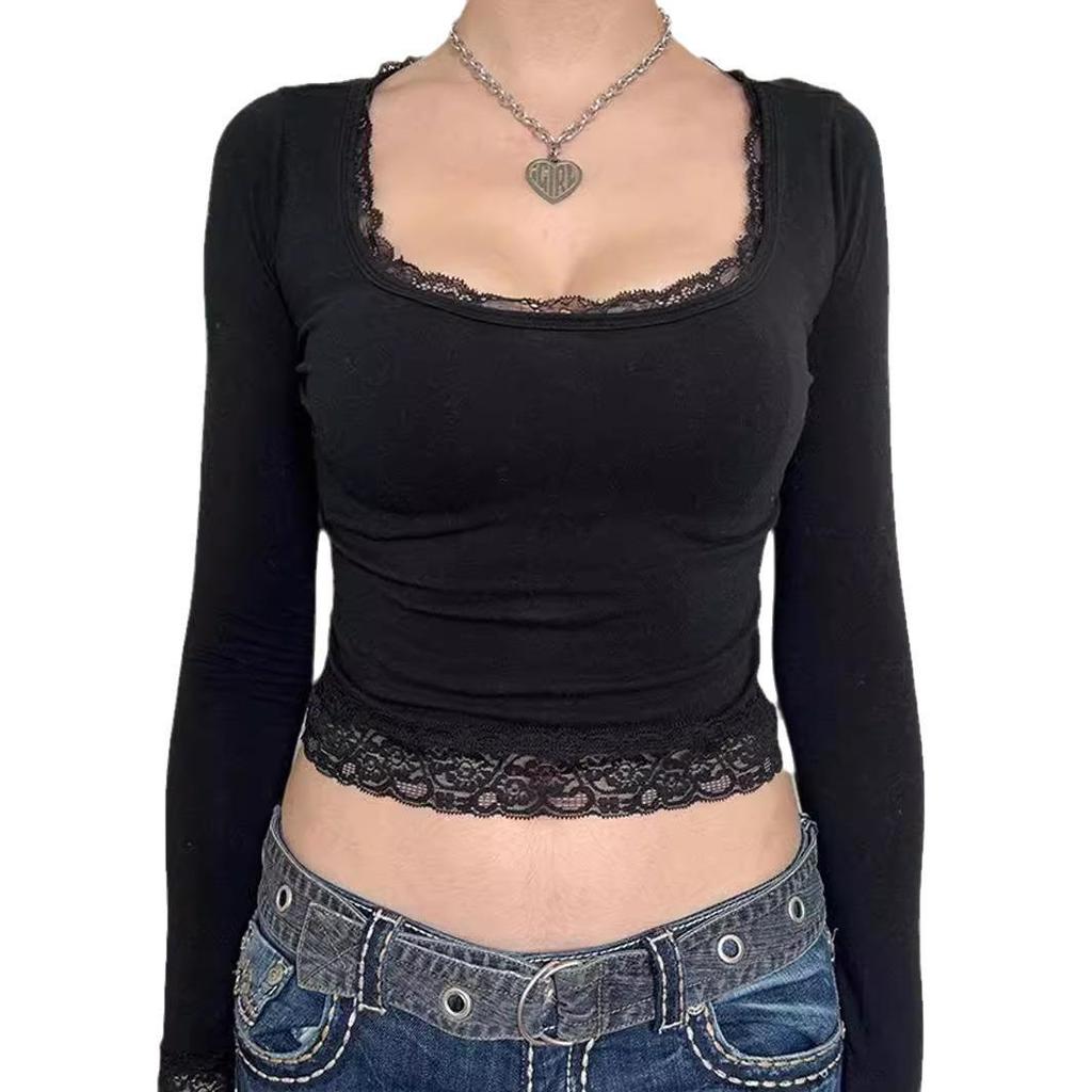 Sexy U-Neck Lace Bow Slim Fit Long Sleeve Y2K T-Shirt for Spring & Autumn