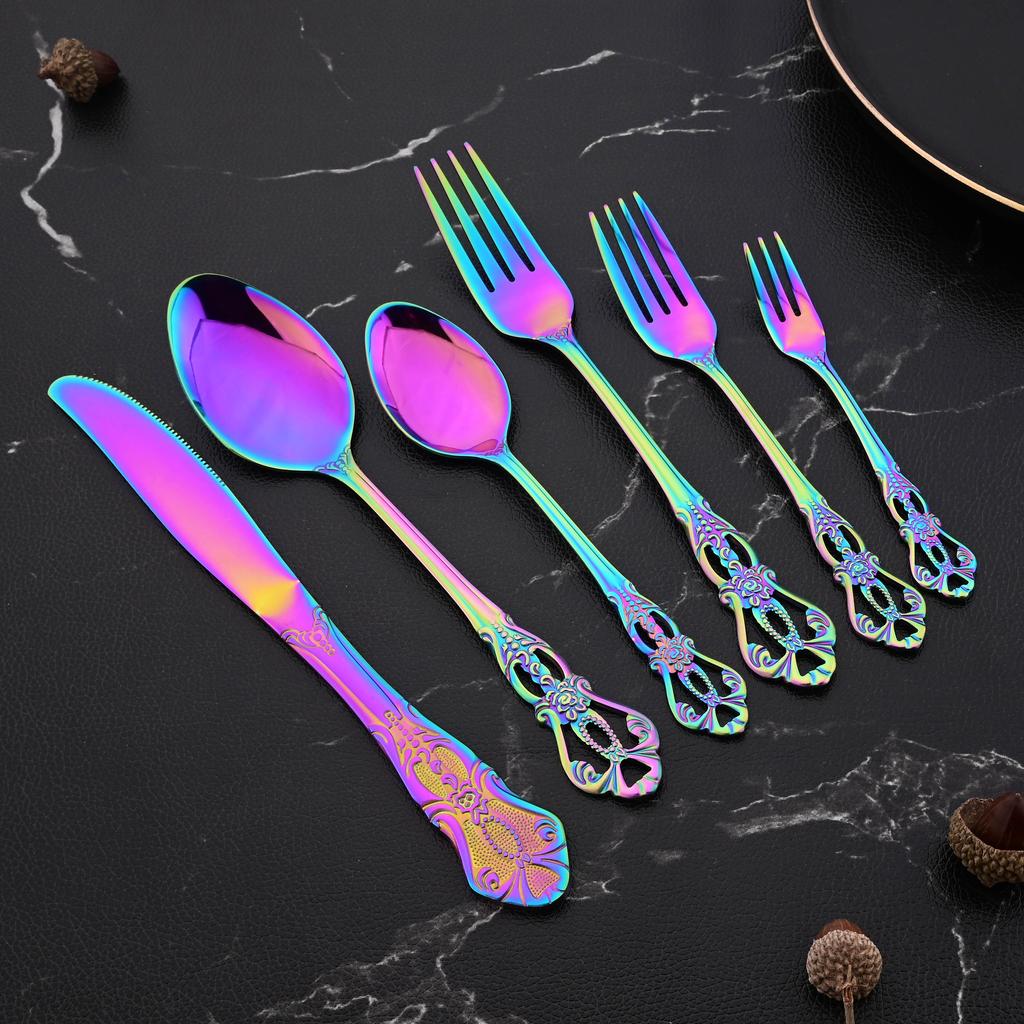 6 шт./24 шт., набор столовых приборов Rainbow Western, набор столовых приборов из нержавеющей стали, нож, вилка, кофейная ложка, набор посуды с роскошной стойкой для хранения