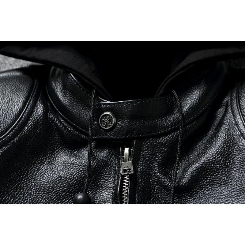 Китайский размер Тяжелая мотоциклетная куртка Club Biker Coat Настоящая коровья кожаная куртка для мужчин Съемный капюшон для верховой езды Мужская кожаная куртка
