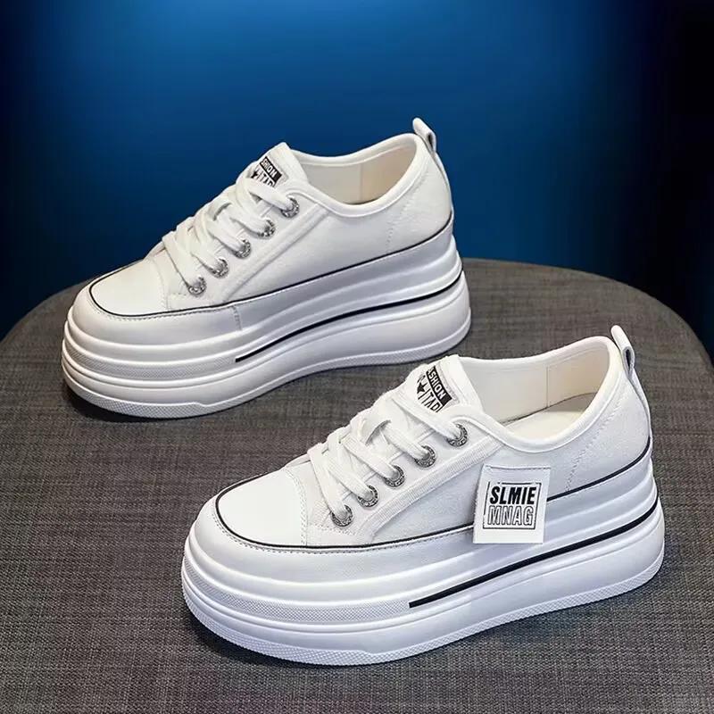 Повседневная парусиновая обувь Новая женская однотонная на толстой подошве Спортивная танкетка Увеличивающая рост Дышащая Вулканизированная Женская