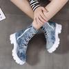 New Denim Women Boots Ladies Chunky Heel Platform Round Toe Shoes Denim Ankle Women Boots Jeans Casual Lace Up Bootsdr5
