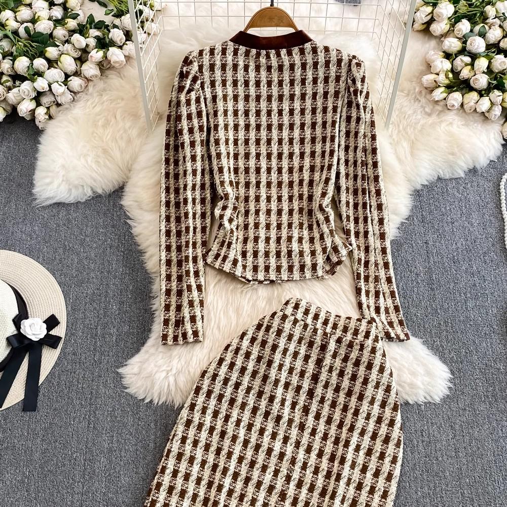 Осенне-весенний клетчатый твидовый костюм с небольшим ароматом, женский короткий пиджак с v-образным вырезом, пальто + длинная юбка-карандаш на пуговицах, комплект из двух предметов