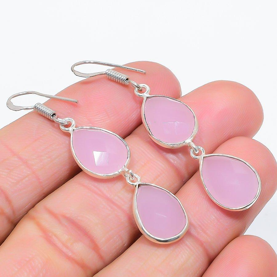 Pink Chalcedony Gemstone Handmade 925 Sterling Silver Jewelry Earring 2.09" GK-6258