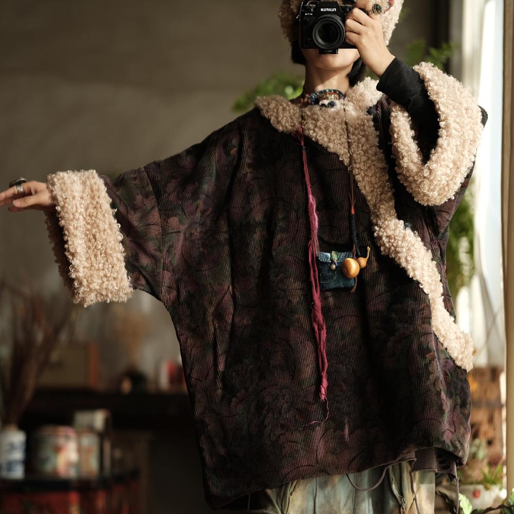 Johnature Женские вельветовые принты с цветочным принтом, зимние пальто, теплые лоскутные женские свободные пуловеры