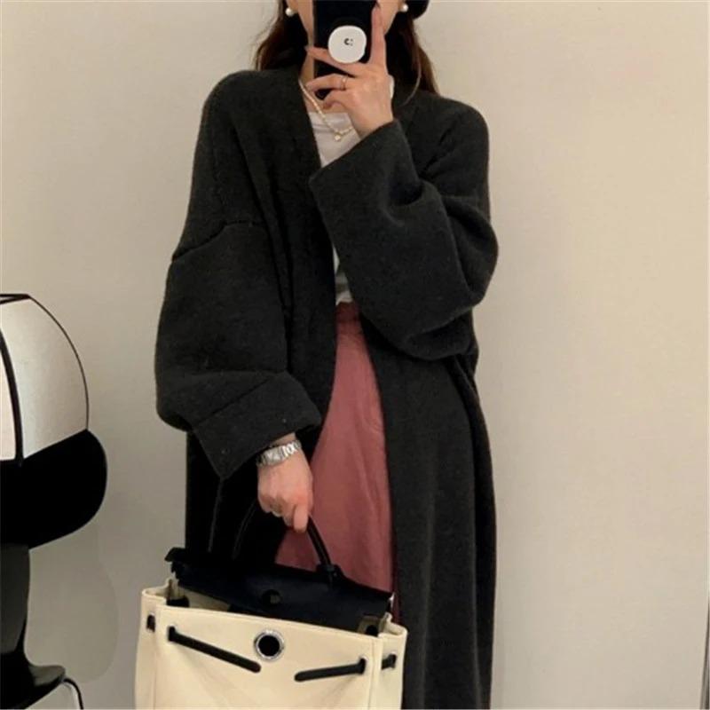 Вязаные длинные кардиганы для женщин, пальто, однотонный свитер осень-зима, ажурная вязка, модная верхняя одежда, элегантный повседневный кардиган