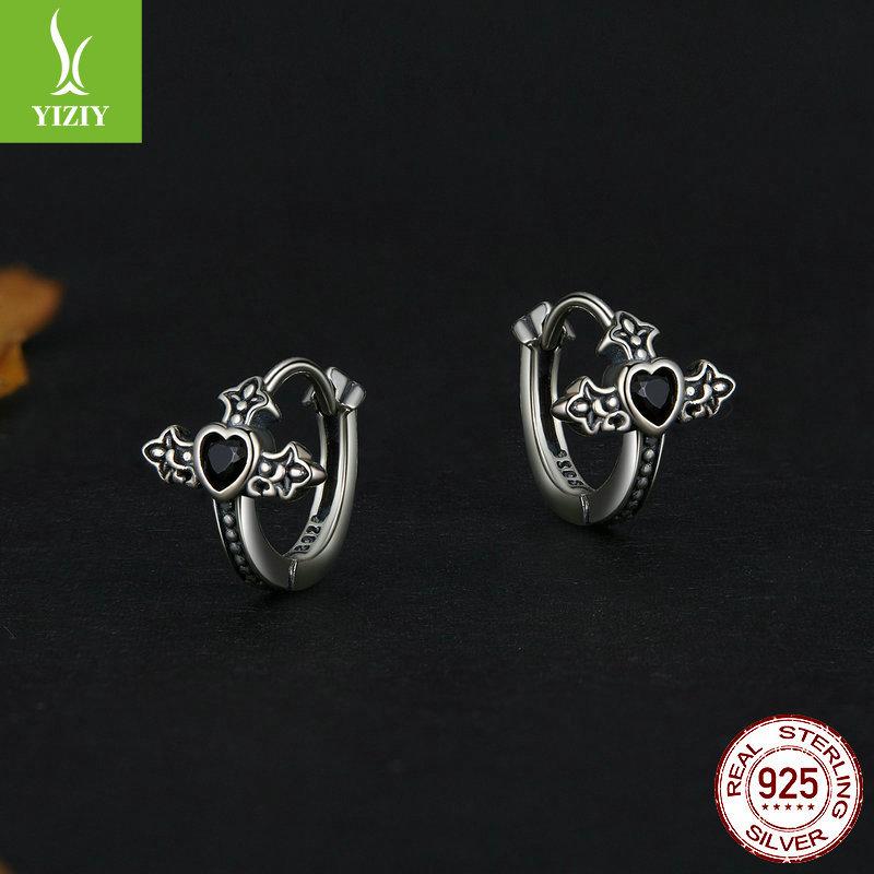 Halloween Vintage Cross Ear Buckles, Ornament Black Zircon S925 Sterling Silver Earrings