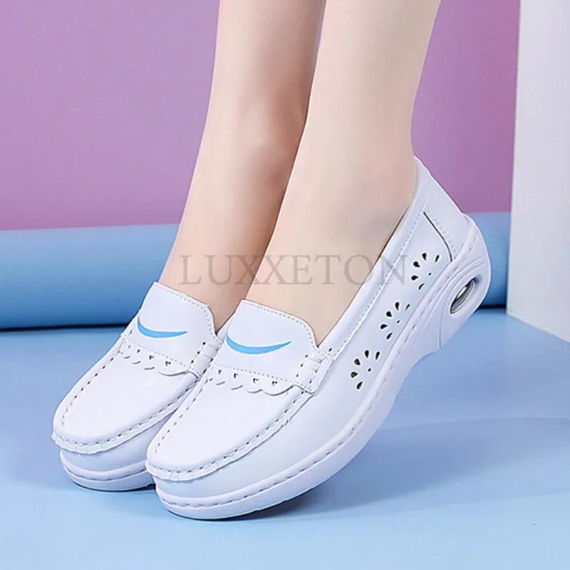 Туфли медсестры из натуральной кожи, женские, с воздушной подушкой, мягкая подошва, удобные, нескользящие, полые, медицинские, рабочие, маленькие белые туфли