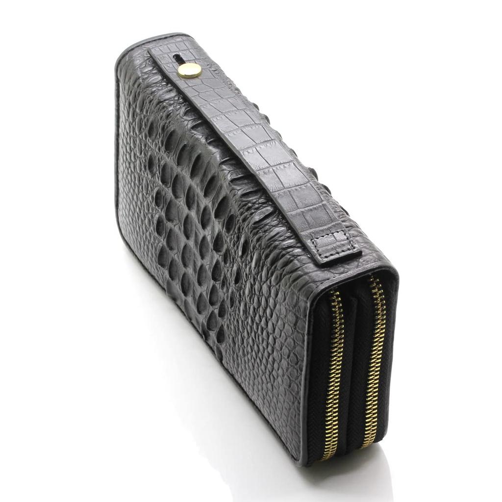 Crocodile Long Large 40 Card Crocodile Double Round Genuine Single Piece Leather [Levetta] Wallet, Capacity, Holds, Wallet, Leather, Men's, Black,