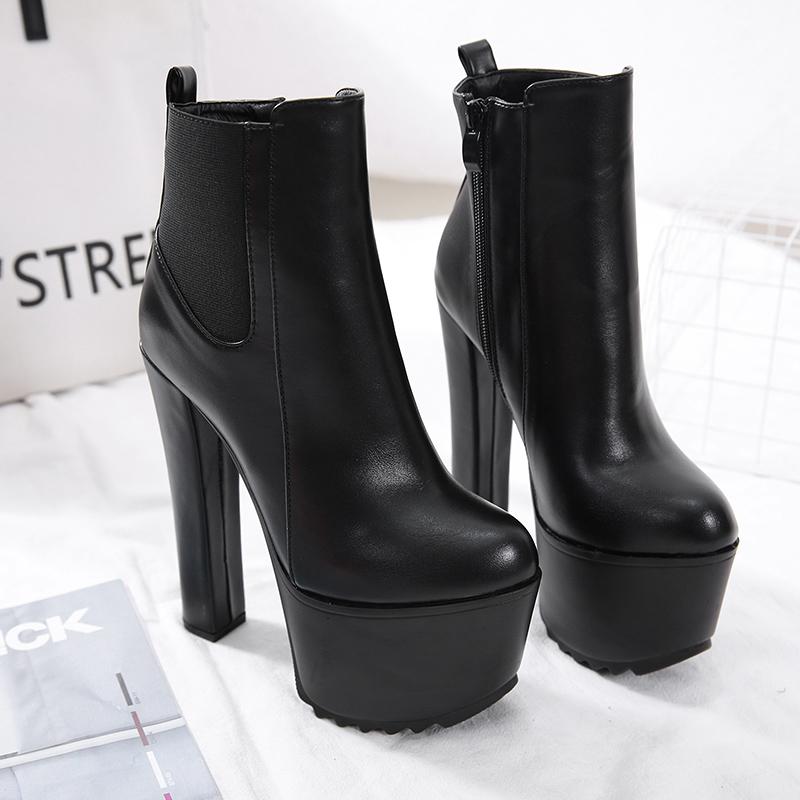 Women's Ankle Boots Thick Heels Women's Shoes 40 New 16CM High Heels Women's Ankle Boots Leather Spring and Winter