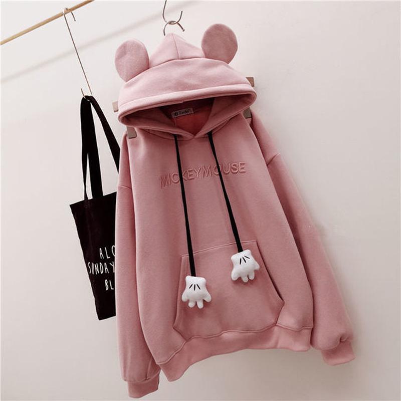 Autumn Winter Girls Hoodies Cute Bear Ears Printing Letter Long Sleeve Sweatshirt Children Fleece Thick Pullover Tops
