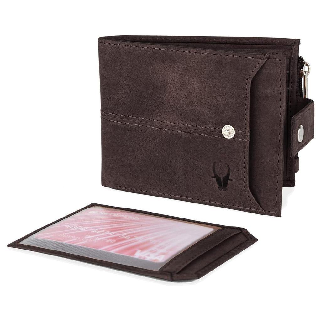 Leather Wallet for Men Ultra Strong Stitching Handcrafted Zip Wallet with 9 Card Slots 2 ID Slots (Dark Brown Hunter)