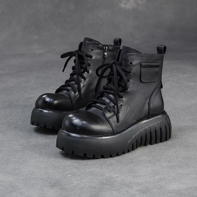 Johnature Thick Sole Women's Short Boots With Genuine Leather Retro Side Zipper Versatile Women's Shoes