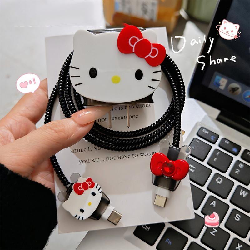 Защитный чехол для кабеля данных Hello Kitty с леопардовым принтом для iPhone 17 16 15 18/20W Защитная крышка для головки зарядного устройства Защитный шнурок от поломки