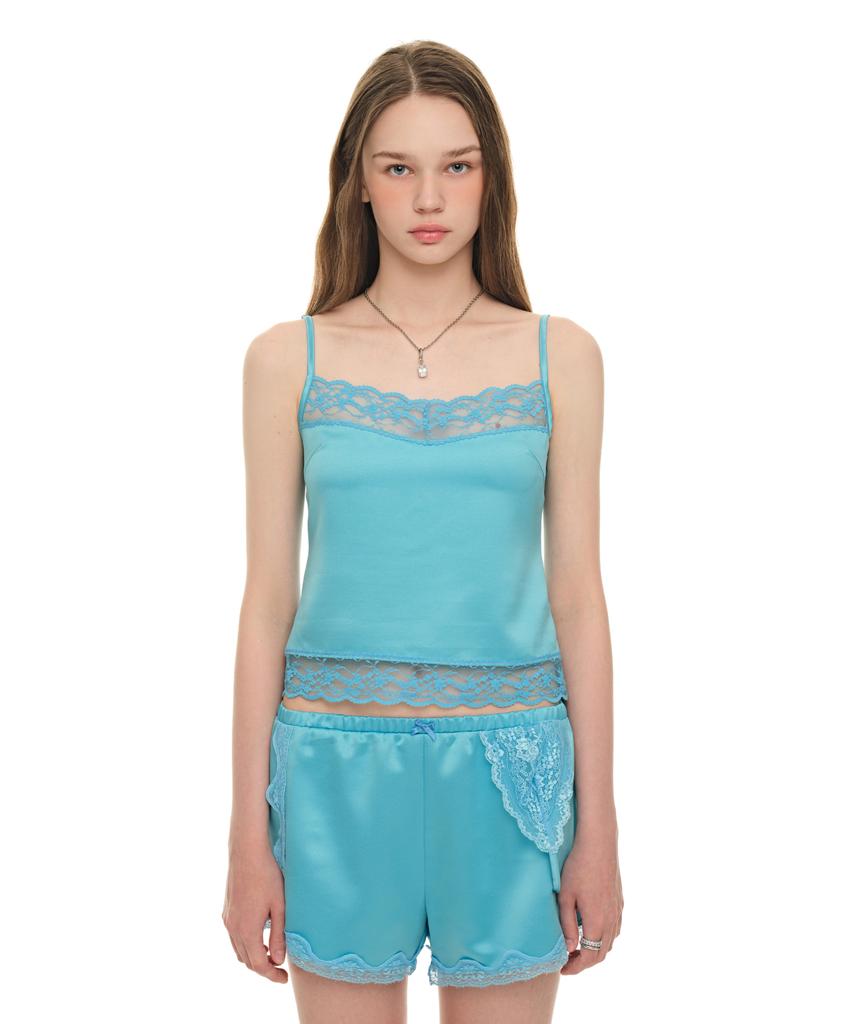 TOOMUCHTAX Lace Trim Slip Camisole Blue