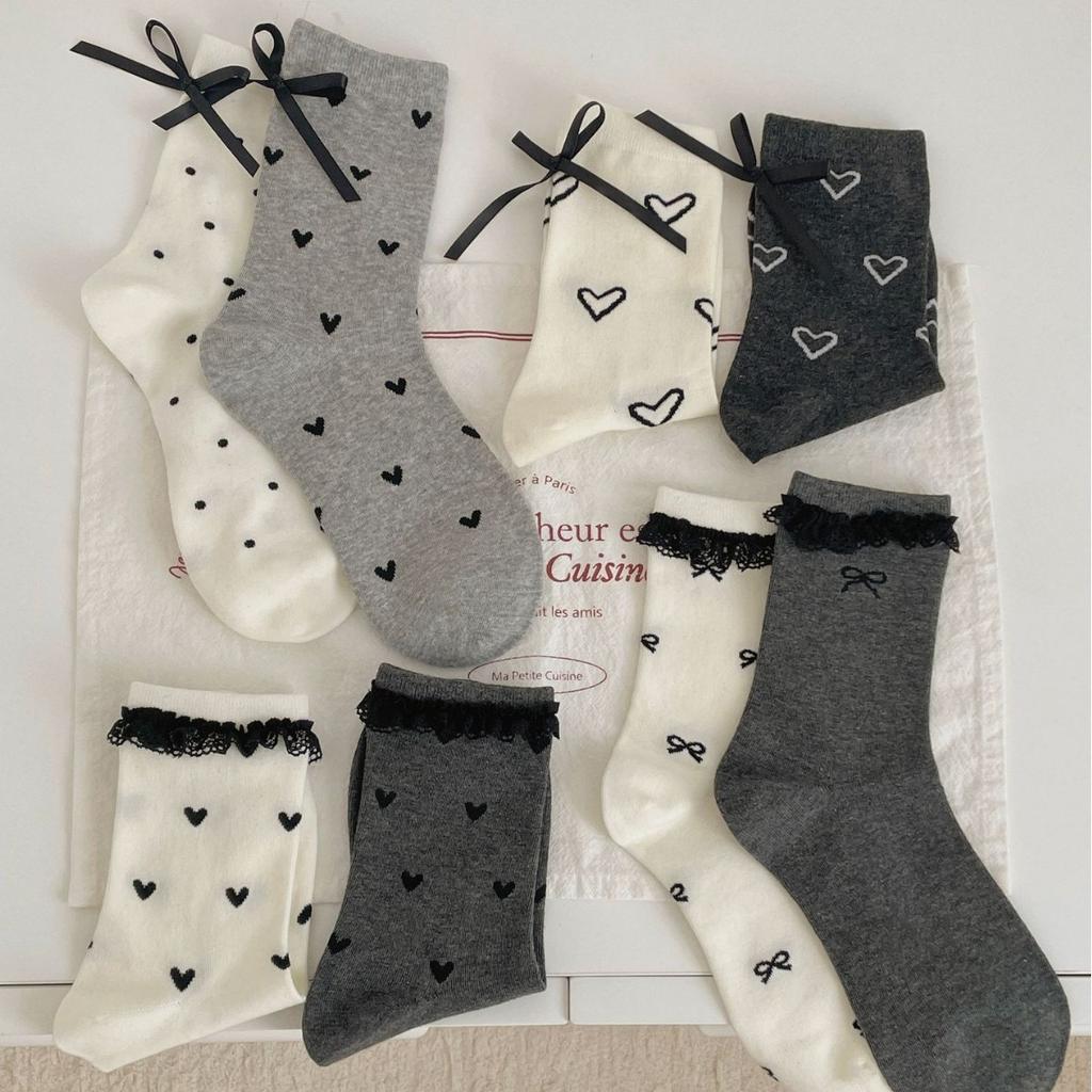 Socks Casual Lazy And Versatile Lace Mid-Tube Socks Tie Bows Polka Dot Layered With Piles Of Cotton Socks