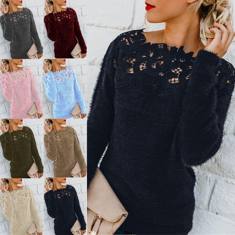 Уютные женские флисовые свитера на осень-зиму с элегантным кружевным дизайном для стиля