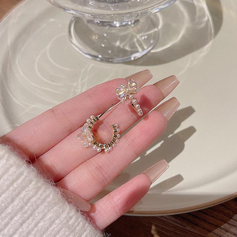 Серьги-бантики из серебра S925 с жемчугом - Модные C-образные роскошные для женщин