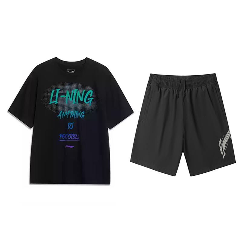Li-Ning Шорты с принтом логотипа, короткий рукав, простые, удобные, универсальные, модный дизайн, повседневный спортивный костюм, унисекс, черный AHSU803-2+YKSV151-1