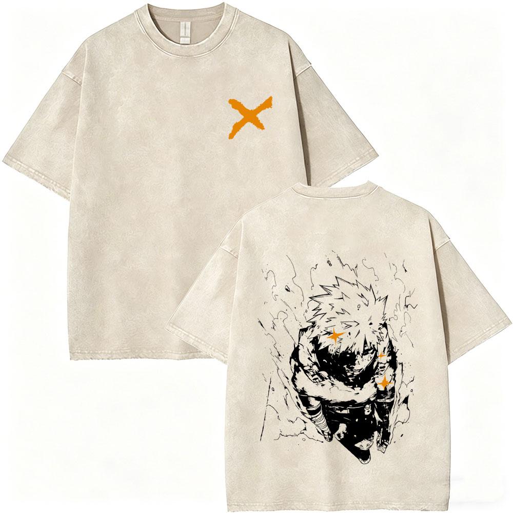 Anime My Hero Academia Shoto Todoroki Vintage Washed Tshirt Men Women Casual Retro Oversized T Shirts Cartoon Harajuku Tshirts