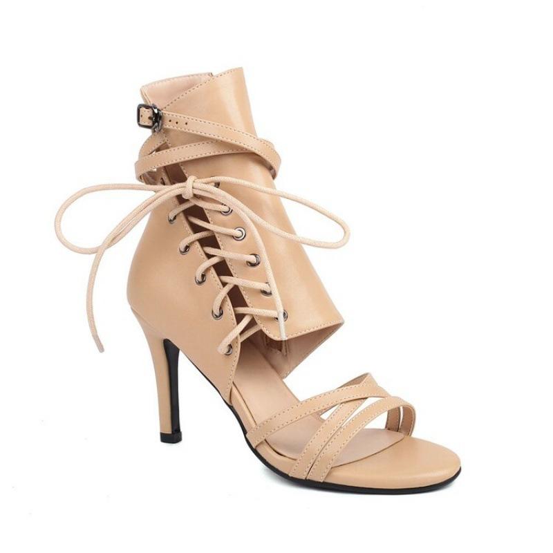 Весенне-летние новые женские босоножки на высоком каблуке, милая резиновая подошва, большой размер, черные женские туфли, шнуровка, открытый носок, римские высокие каблуки