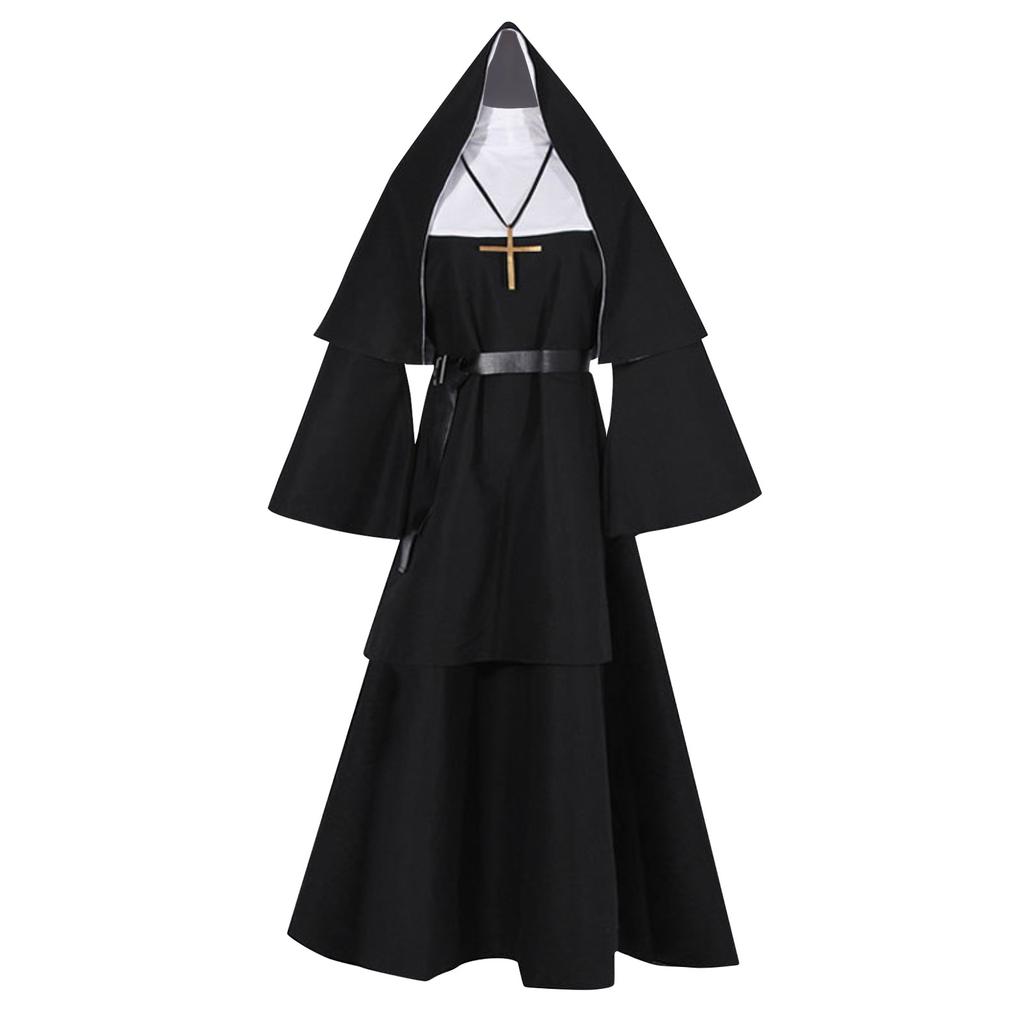 Хэллоуин монахиня косплей костюм комплект из 4 предметов костюм монахини + накидка + пояс + ожерелье косплей костюм
