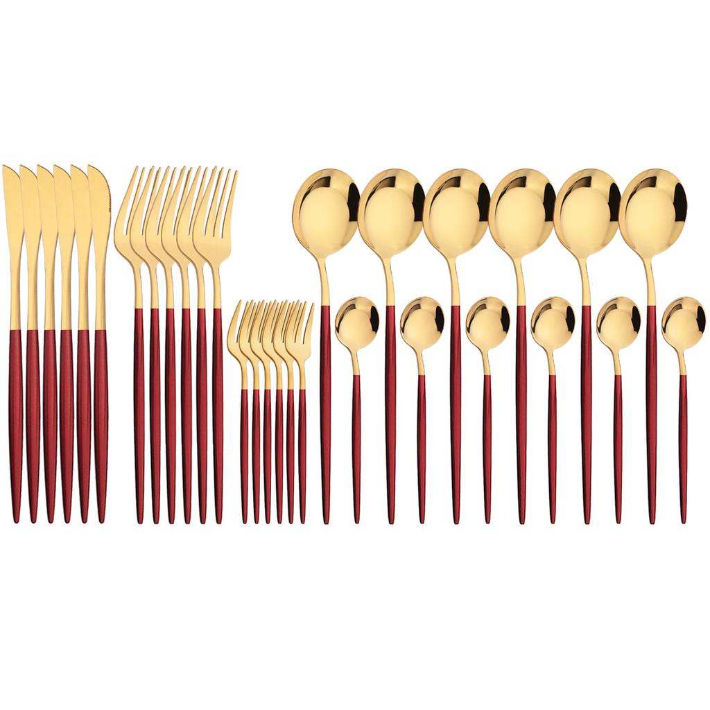 30Pcs Red Gold Dinnerware Set Western Stainless Steel Cutlery Knife Cake Forks Tea Spoon Flatware Silverware Kitchen Tableware