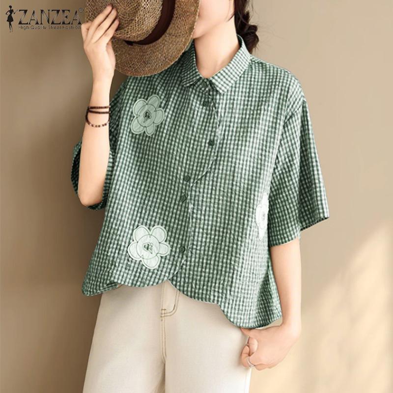 ZANZEA Женская блузка с отложным воротником, свободного кроя, с короткими рукавами и клетчатым принтом