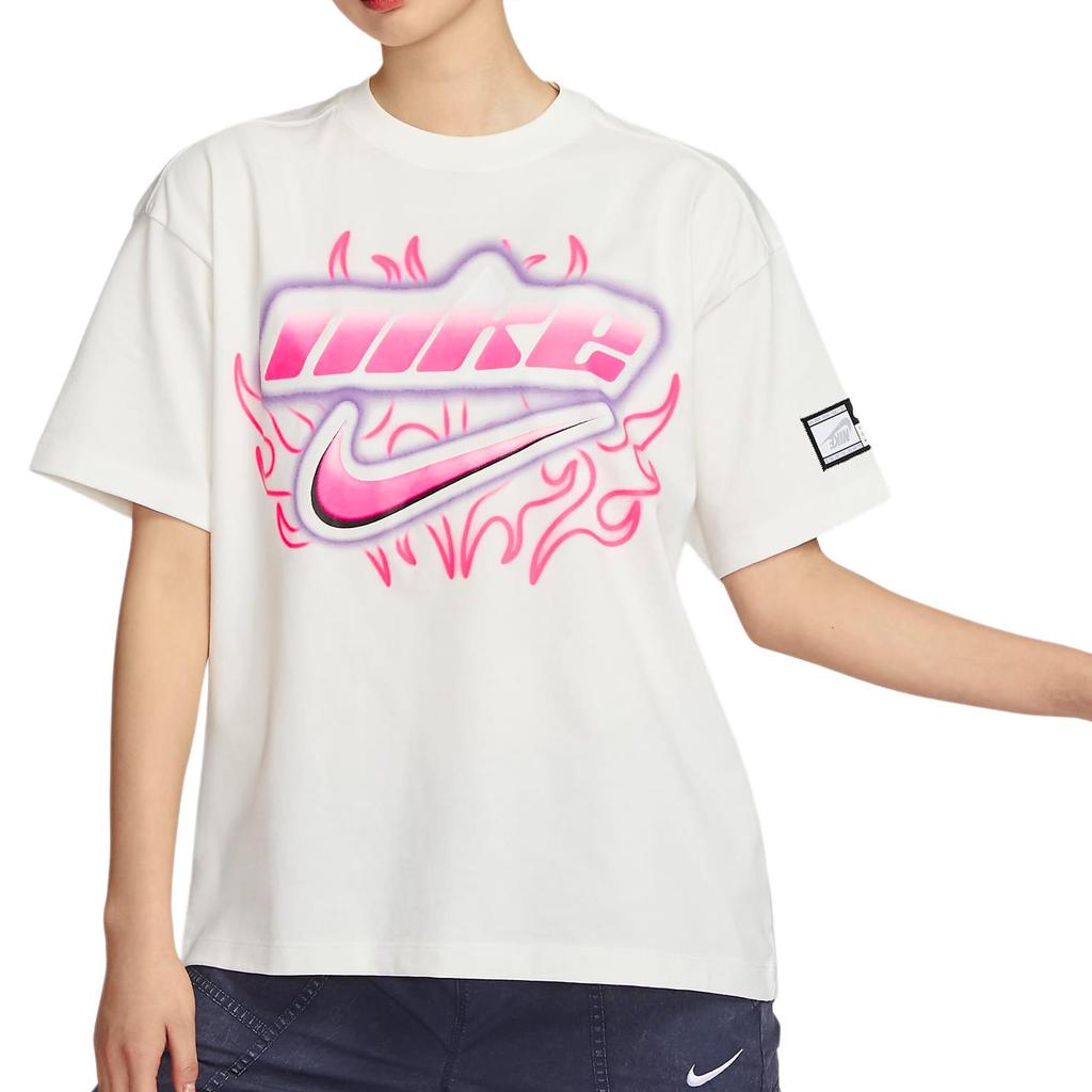Nike Футболка с круглым вырезом и принтом логотипа, заниженной линией плеч, коротким рукавом, женская белая FZ1147-133