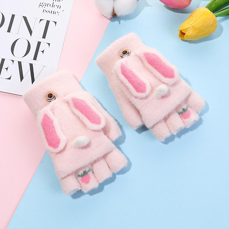 Winter Children's Knitted Finger Gloves for Boys and Girls, Warm and Piled Thickened Cartoon Half-finger Flip-top Writing Gloves