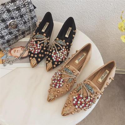 Женские туфли Large Single 2020 Autumn - Rivet Cherry, со стразами, с острым носком, на плоской подошве