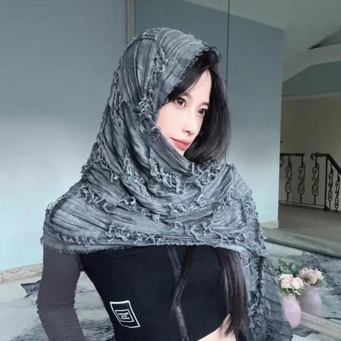 Хлопково-льняная готическая бандана Y2K плиссированная женская пашмина шаль винтажный шарф Y2K Харадзюку унисекс