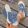 Fashion Women Platform Sandals Summer Straw Weaving Sandals Thick Sole Wedges Denim Slippers Fashion Double Buckle Strap Shoes Women