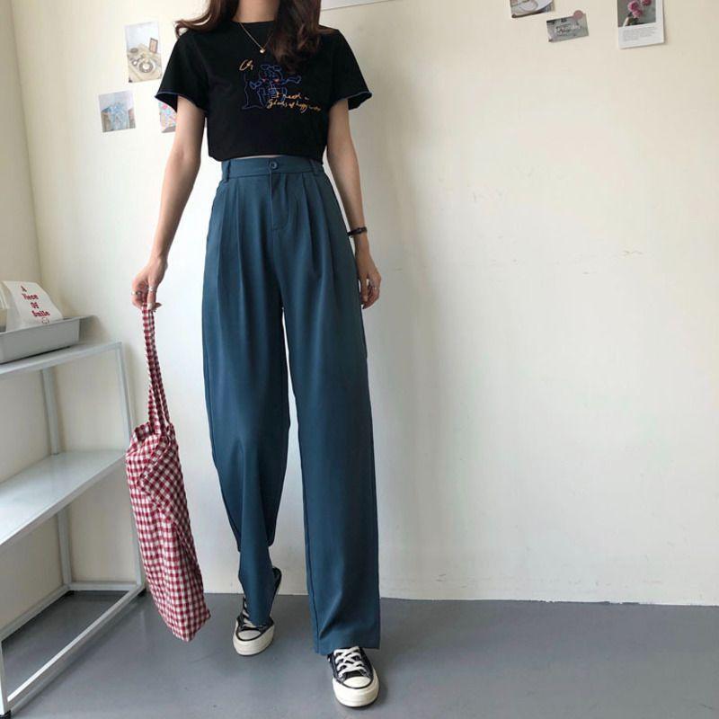 Stylish High-waist Suit Pants In Solid Colors For Casual Wide-leg Comfort