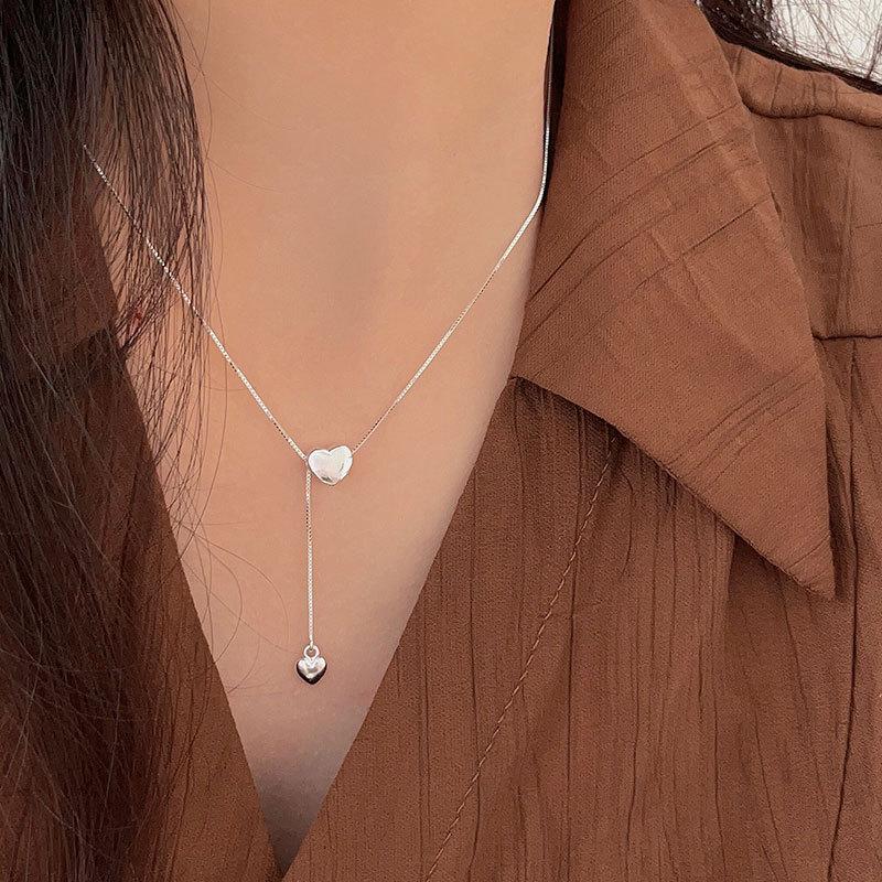 Lovely Sweet 925 Sterling Silver Double Heart Tassel Pendant Necklaces for Fashion Women Jewelry
