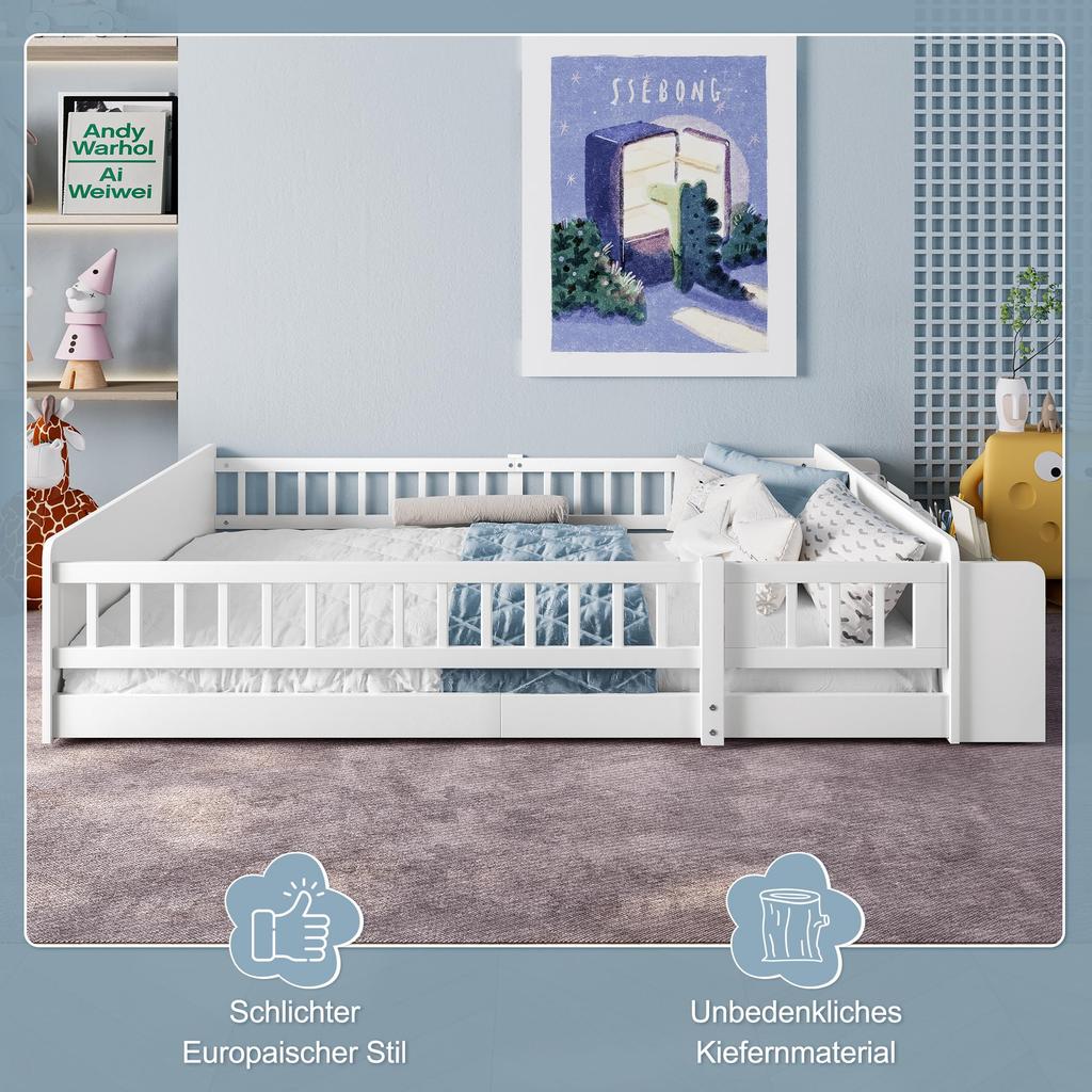 Детская кровать напольная 140x200 защита от падения реечное дно открывающийся бортик Монтессо место для хранения полки деревянный каркас подростковая кровать до 200 кг