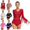 Womens Latin Dance Costume Shiny Rhinestone Tassel Leotard V Neck Long Sleeve Cutout Back Bodysuit for Tango