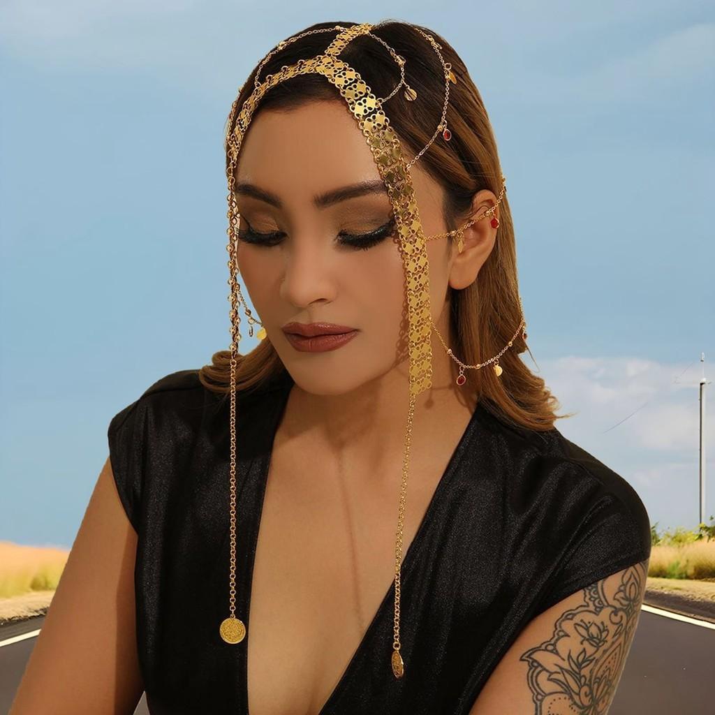Middle Eastern Style Golden Headpiece With Tassels And Coin For Womens Winter Travel