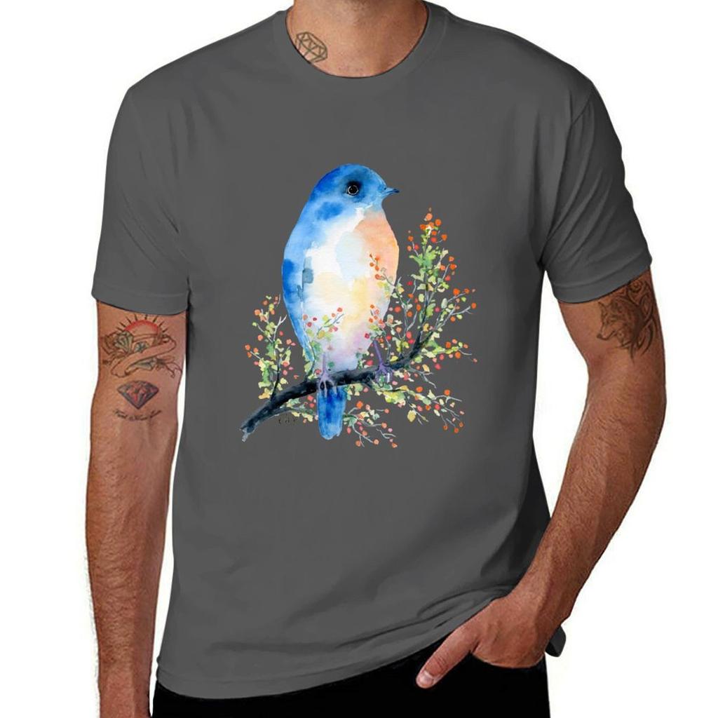 Watercolor Blue Bird On Berry Branch Tshirt Fashion Print Casual Short Sleeve