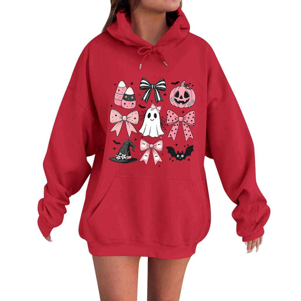 Женская повседневная модная удобная толстовка с круглым вырезом, капюшоном и длинными рукавами с принтом на Хэллоуин, теплая