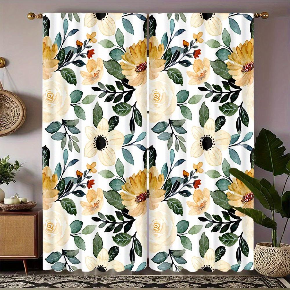 2Pc Yellow Floral And Green Leaf Pattern Curtains, Polyester Fabric, Machine Washable, Suitable For Living Room, Bedroom