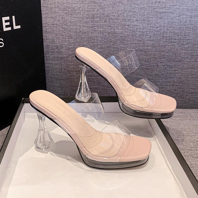 Летняя мода Прозрачные шлепанцы на платформе Сандалии Женские с открытым носком Перспекс Высокий каблук Прозрачная дизайнерская обувь Женские мюли Слайды