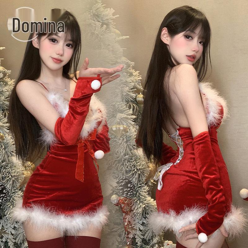 Domi La Sexy Lingerie: Женская соблазнительная плюшевая комбинация-ночнушка с короткой юбкой - Рождественский страстный комплект формы с быстрым расстегиванием.